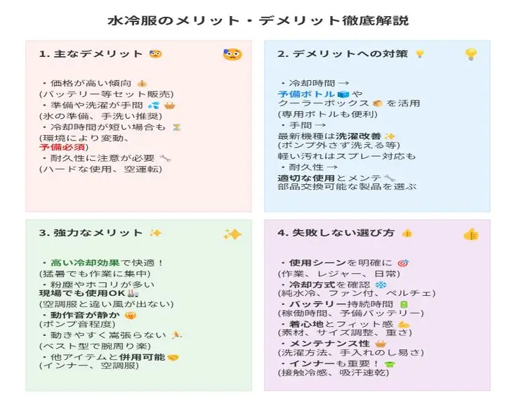 水冷服のメリットとデメリットについて箇条書きでまとめた図解