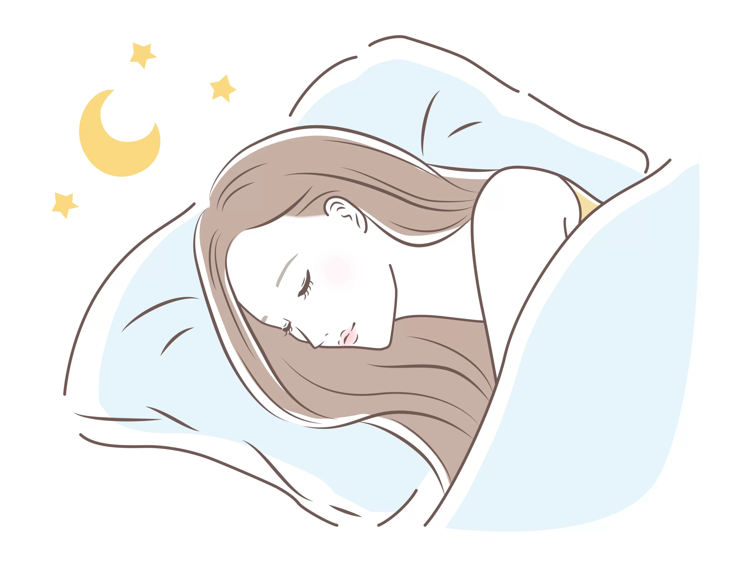 アルコールをやめて睡眠の質があがってきもちよさそうに寝てるイラスト。
禁酒の効果で熟睡するイメージ画像です。
