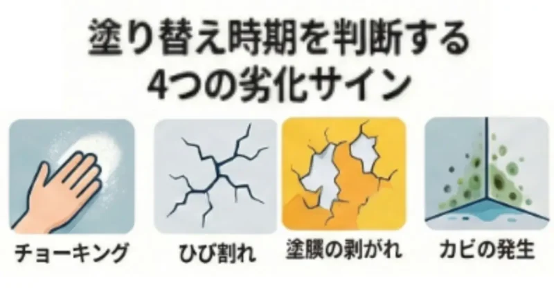 外壁塗装の目安になる項目イラスト
①チョーキング
②ひび割れ
③壁の剝がれ
④かびの発生