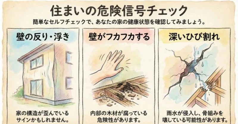 外装工事の危険度チェック
①かべの反りや浮き
②壁がふかふかする
③大きな亀裂
イラスト図解