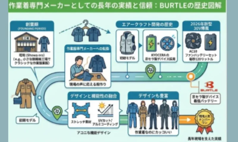 バートル社の作業着専門店つぃての歴史的歩みを表したイラスト図解