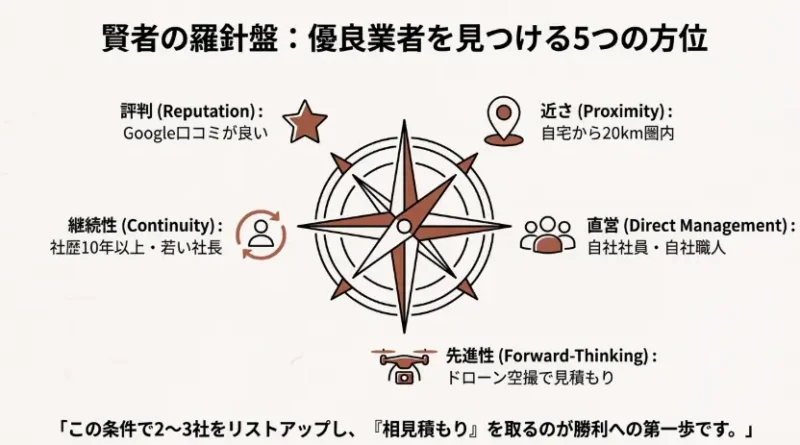 外壁塗装の優良業者を見つけるための５つの方位（羅針盤）