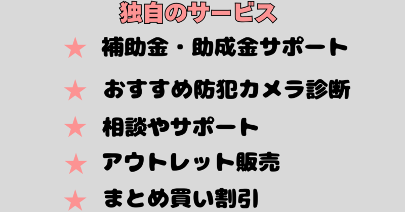 Type: Plain Text
独自のサービス内容を紹介する画像で、補助金助成金サポート、おすすめ防犯カメラ診断、相談やサポート、アウトレット販売、まとめ買い割引がある