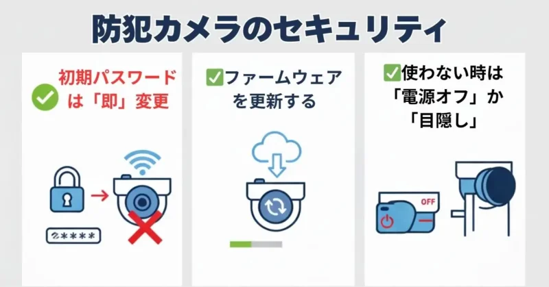 「防犯カメラのセキュリティ」
のイラスト図解
✅初期パスワードは「即」変更する
✅ファームウェア（本体の中身）を更新する
✅使わない時は「電源オフ」か「目隠し」