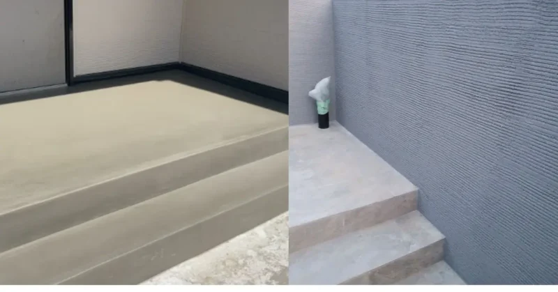 モルタル階段仕上げと外壁ジョリパット櫛引仕上げの写真
主に町場の仕事