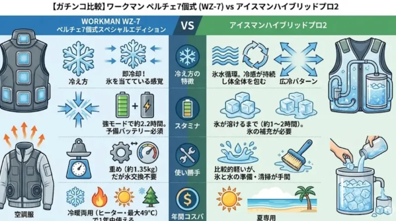 ワークマンペルチェベスト（WZ-7）とアイスマンハイブリットプロ2の比較イラスト風図解