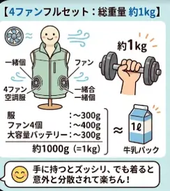 空調服の4穴の4ファンセットの重さのイラスト図解