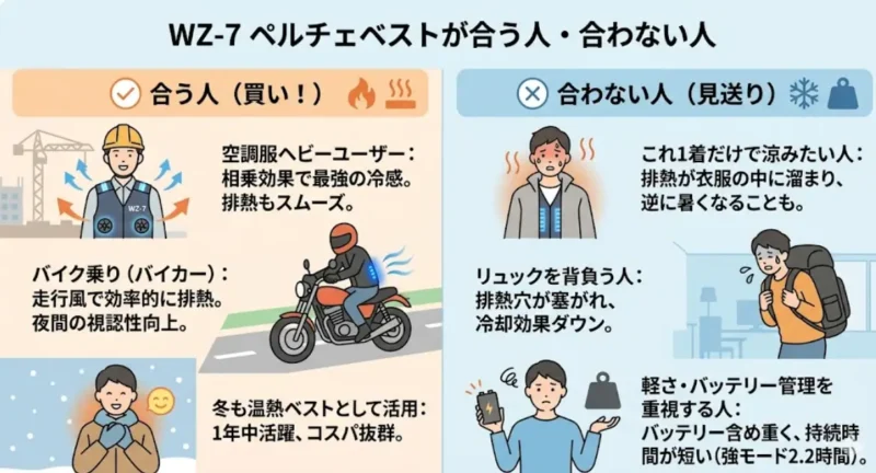 ワークマンペルチェベスト（WZ-7）が合う人、合わない人のイラスト図解