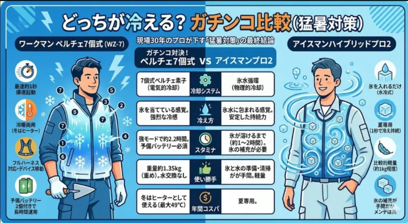 ワークマンペルチェベスト（WZ-7）とアイスマンハイブリットプロ2の比較イラスト風図解