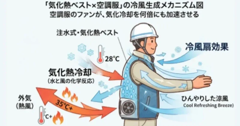 気化熱ベスト×空調服とセットで使うイラスト図解